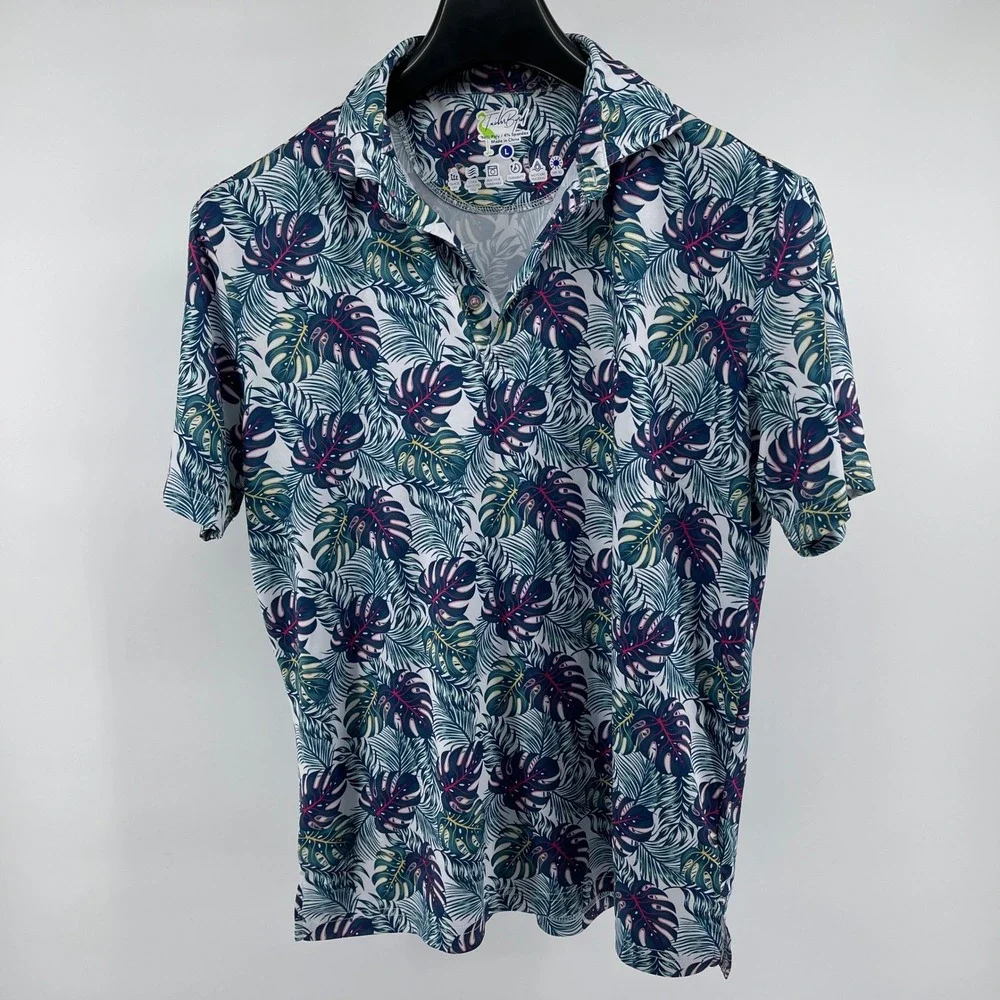 Tailor Byrd Golf‎ Polo Shirt Mens Lg Palm Leaf Floral Quick Dry Moisture Wicking